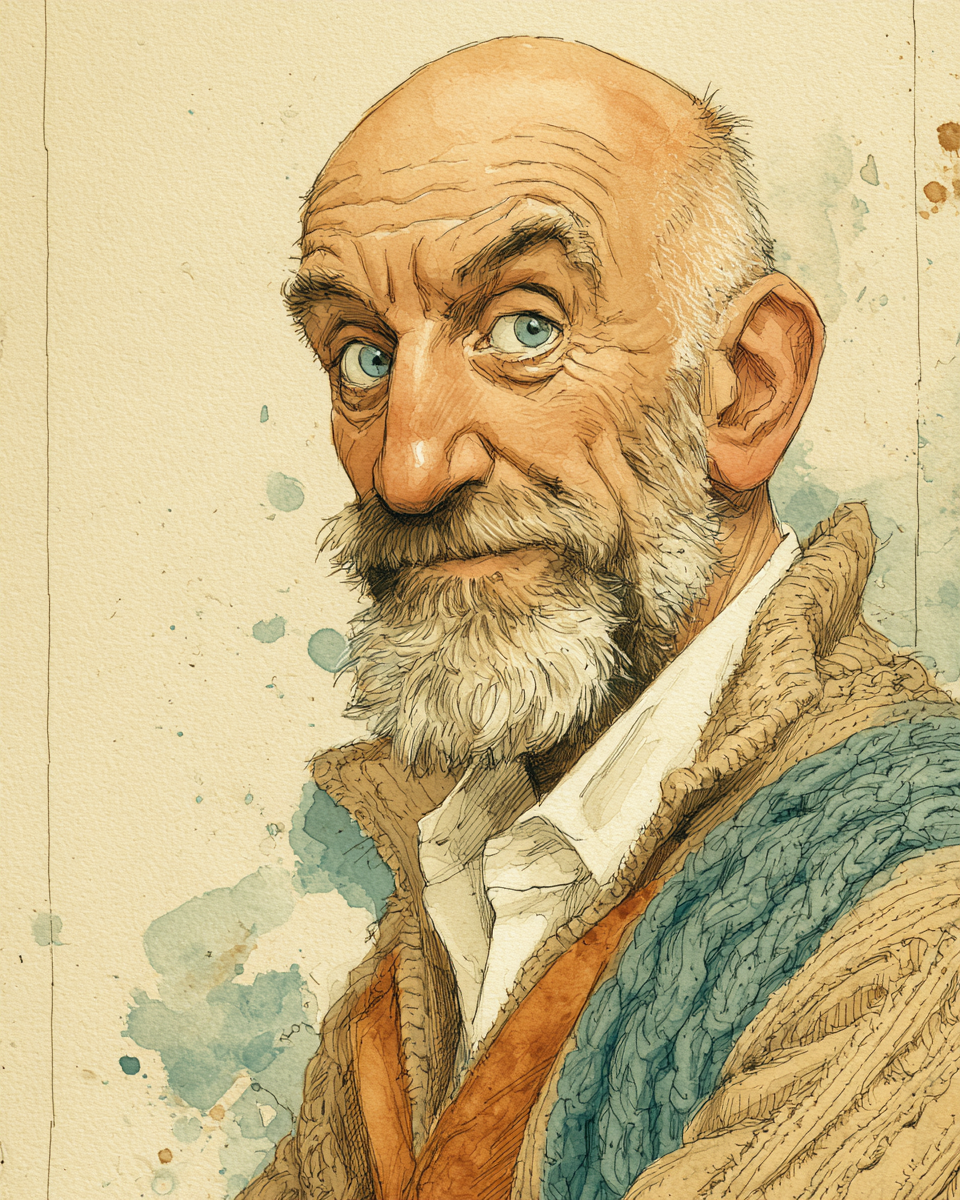 Watercolour and ink illustration of Dawid Falck, drawn for the back cover of his books